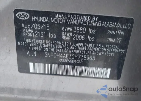 2016 Hyundai Elantra Se z USA, uszkodzony, nr VIN 5NPDH4AE3GH738965